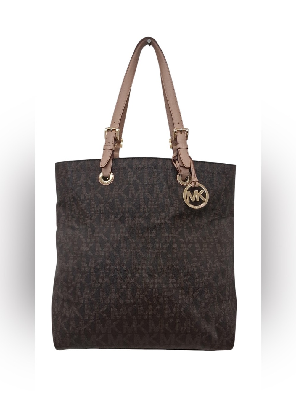 1584 Michael Kors Brown Logo Tote Bag with Tan Handles